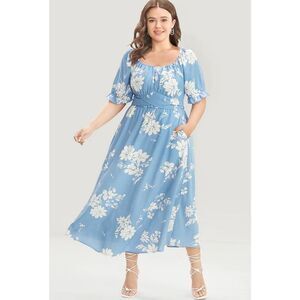 BloomChic Womens  Puff Sleeve Belted Square Neck Midi Dress Blue‎ Size 14-16 NWT